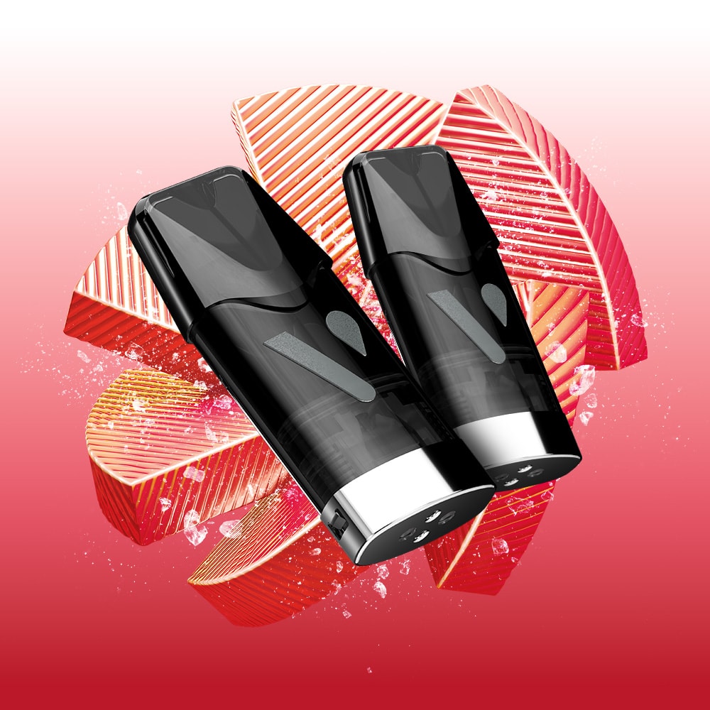 Two sleek black Watermelon Ice Vuse Extra Intense Flavour Pods by Vuse with silver bases are displayed in front of abstract red and pink circles on a gradient pink-white background with water droplets. Vuse PRO compatible.