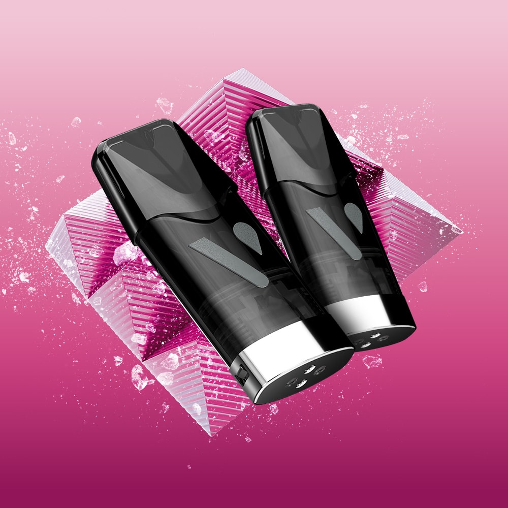 Two sleek black vape devices with silver bases stand side by side against a pink geometric background, showcasing the modern appeal and convenience of Berry Blend Vuse Extra Intense Flavour Pods.