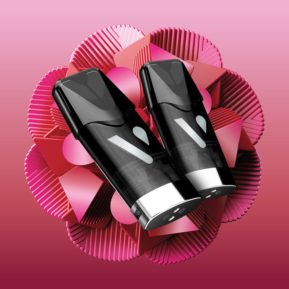 Two sleek black Vuse Strawberry Pink Guava Ultra Smart Pods are placed side by side on layered pink and red paper shapes, creating a vibrant display echoing the bold design of Vuse Ultra Smart Pods.