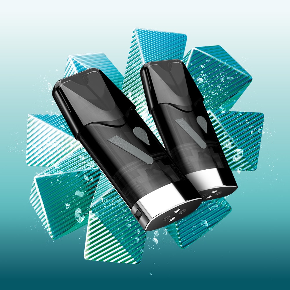 Two sleek black Vuse Mint Ice Extra Intense Flavour Pods with silver bases are positioned diagonally before blue, geometric ice cubes on a teal gradient background, showcasing their cool and refreshing mint flavor.