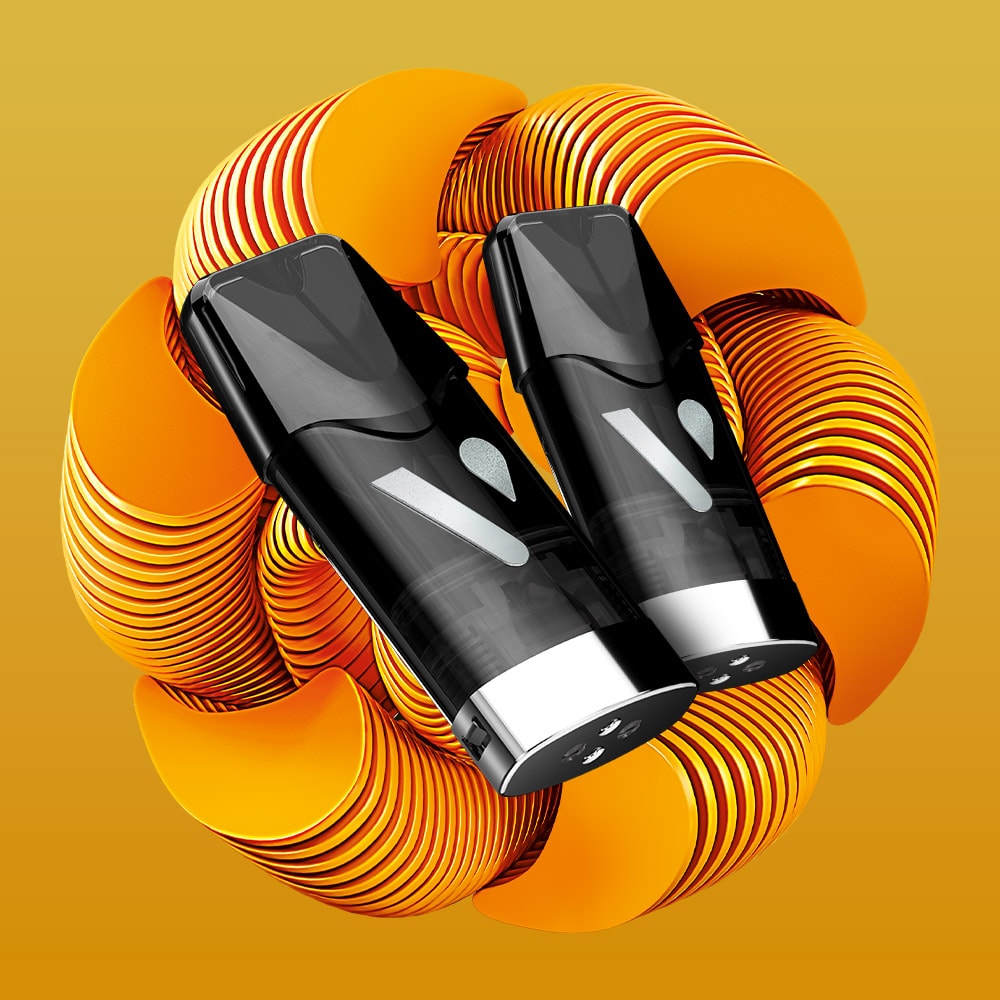 Two black and silver Vuse devices with Tropical Passionfruit Ultra Smart Pods stand before a swirl of orange and yellow curves on a golden-yellow background, reflecting the vibrant energy of a tropical flavour.