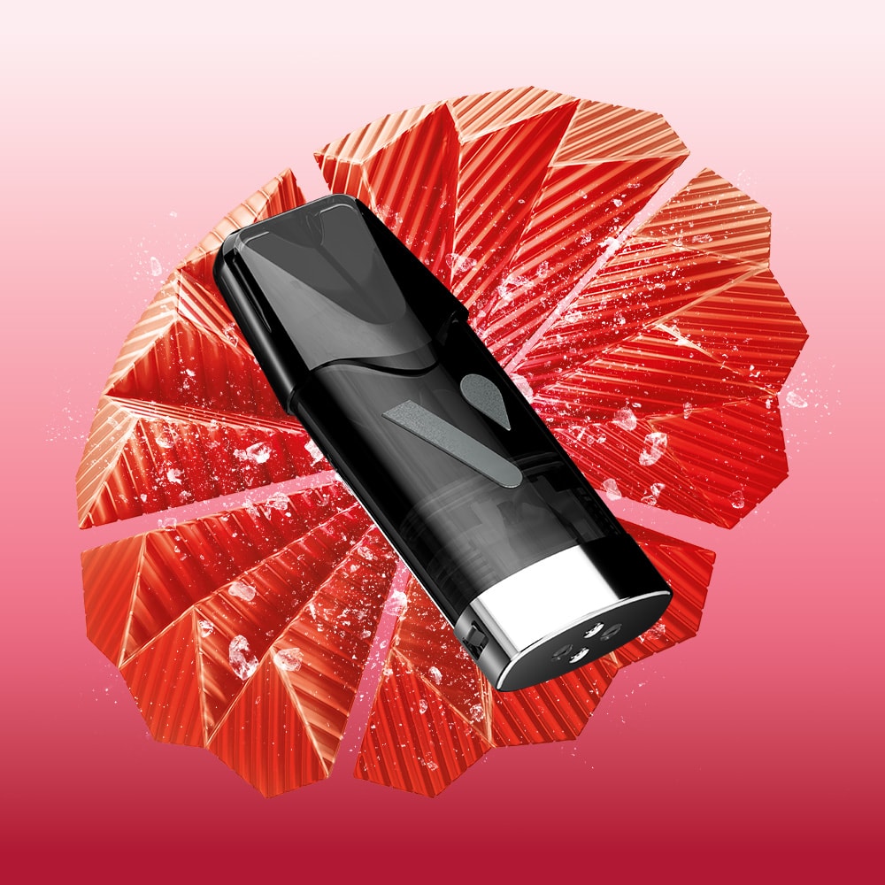 The Strawberry Ice Vuse Reload Box by Vuse is displayed in a sleek black spray bottle, centered over juicy red strawberry slices with water droplets, set against a gradient pink background for a bold, fresh look.