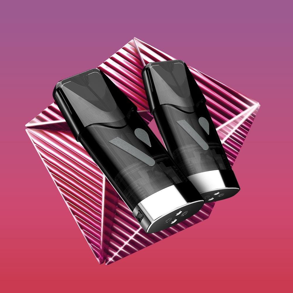 Two sleek black and silver spray bottles sit atop a striped pink and white prism, set against a purple-to-pink gradient—an ideal backdrop for highlighting Cherry Ice Extra Intense Flavour Pods, compatible with Vuse PRO devices.
