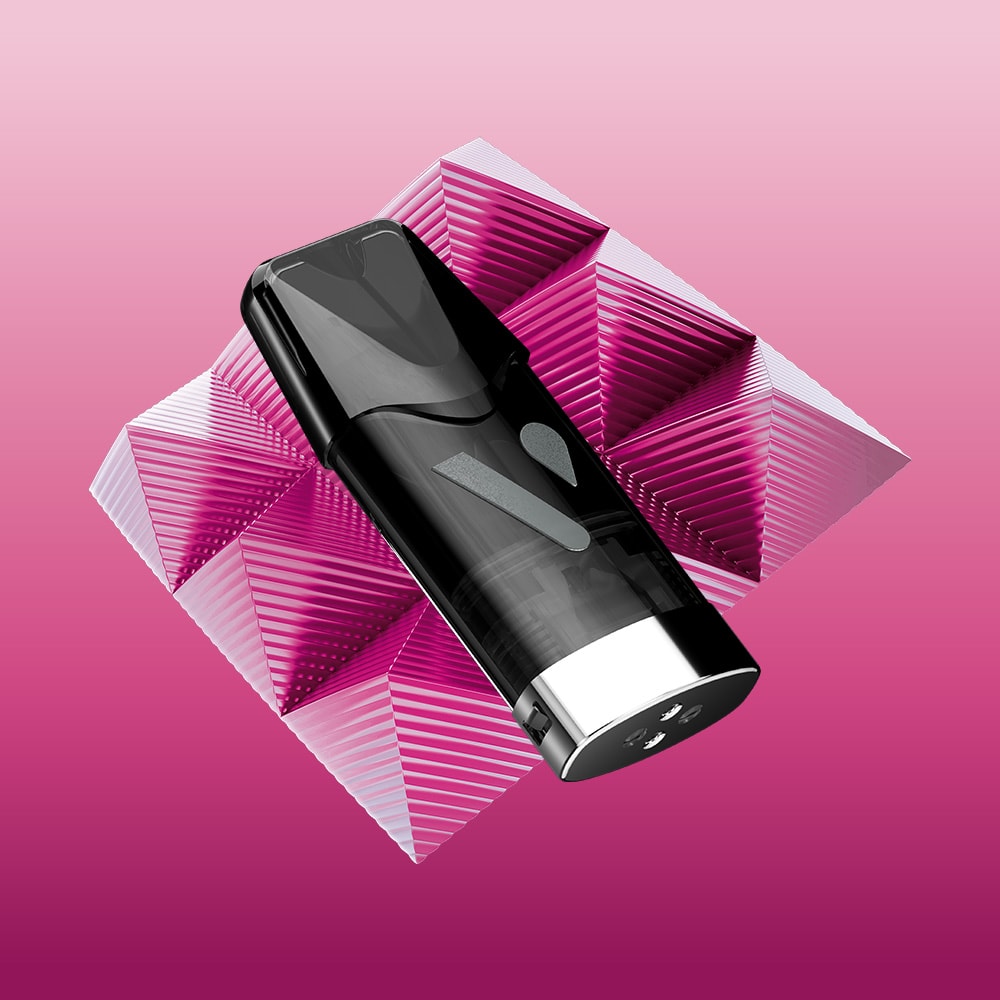 A sleek black and silver Berry Blend Vuse Reload Pen by Vuse is displayed at an angle in front of a pink, geometric, pyramid-patterned background with a gradient from light to dark pink.