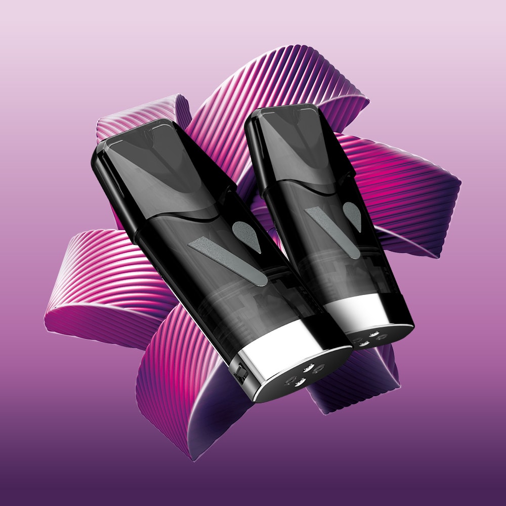 Two sleek black Passionfruit Ice Vuse Extra Intense Flavour Pods with silver bases are displayed side by side on a purple gradient background with abstract pink and white waves. These Vuse pods are compatible with Vuse PRO devices.