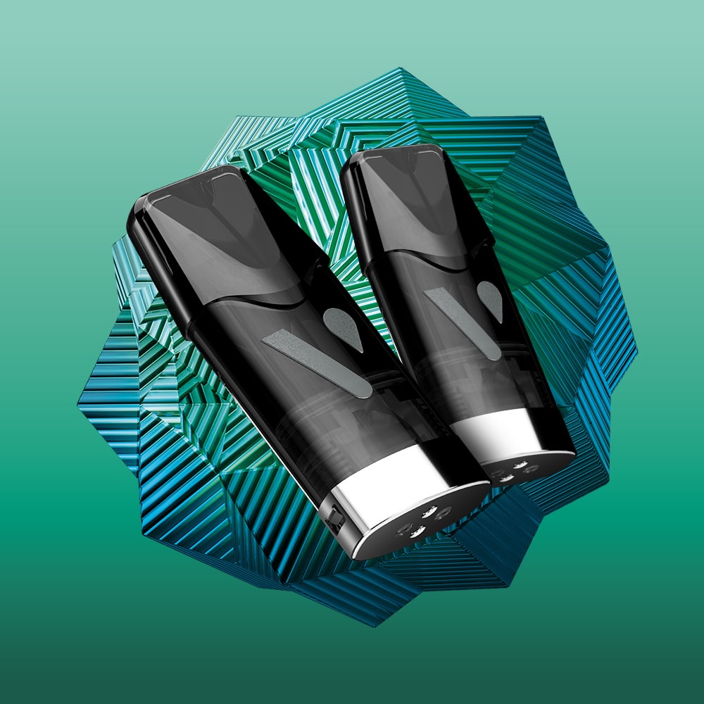 Two Cucumber Mix Vuse Extra Intense Flavour Pods with a black and silver finish are displayed side by side against a blue-green geometric background, showcasing their pre-filled e-liquid and modern design.