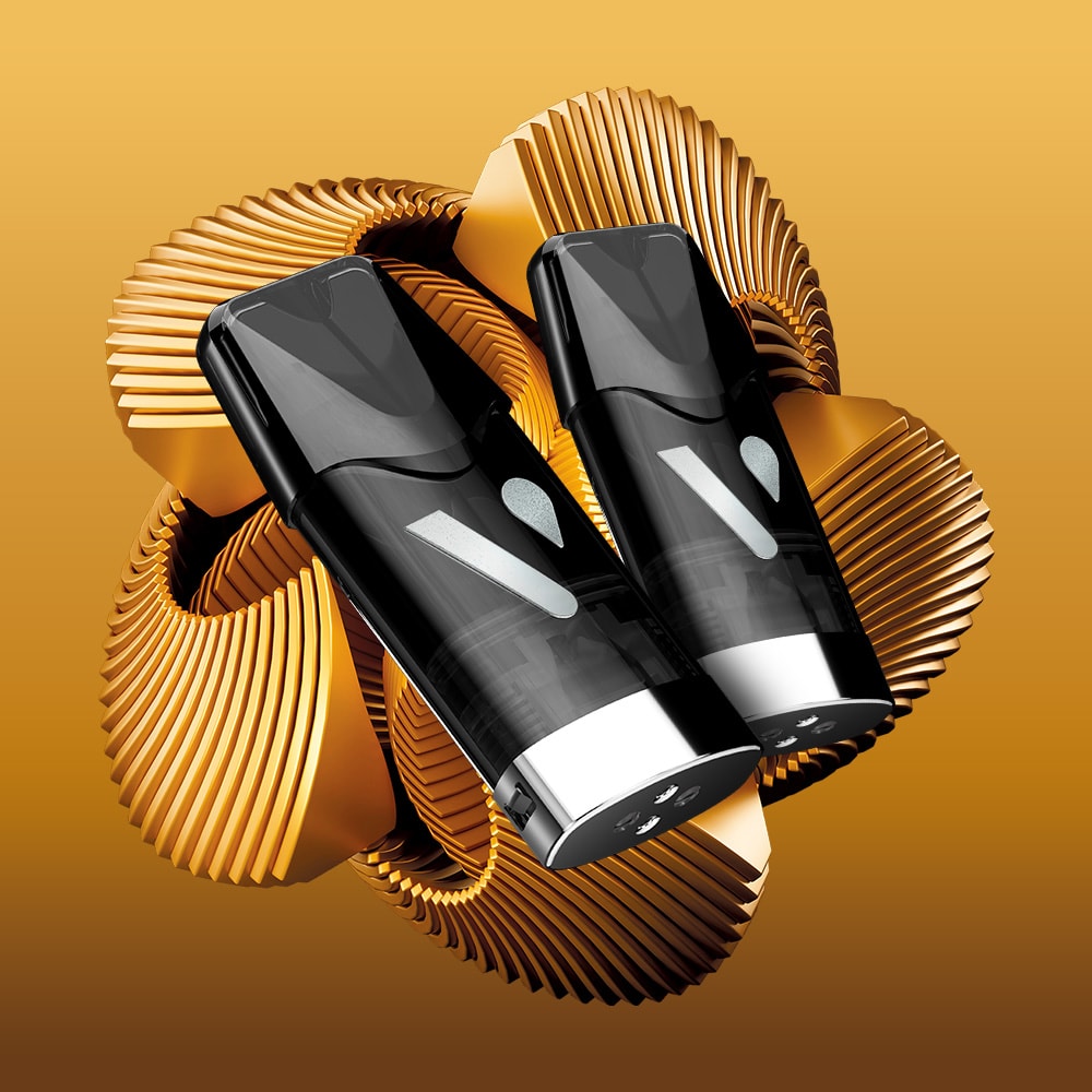 Two Creamy Tobacco Ultra Smart Pods, sleek in black and silver, are angled against a golden backdrop with spiraled metallic shapes, emphasizing their premium vaping appeal.