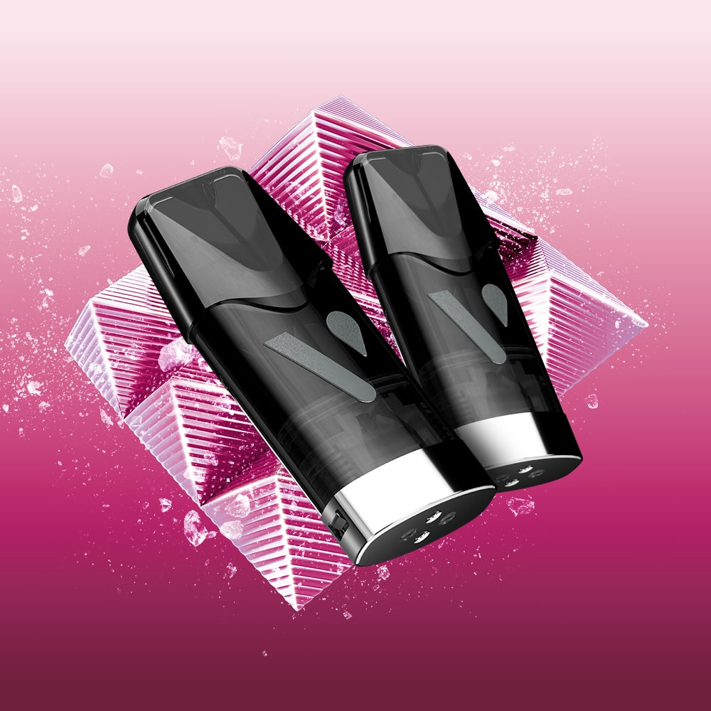 Two sleek black Vuse devices with silver bases are displayed side by side on a pink background with geometric shapes and water splashes, featuring Blackcurrant Ice Vuse Extra Intense Flavour Pods.