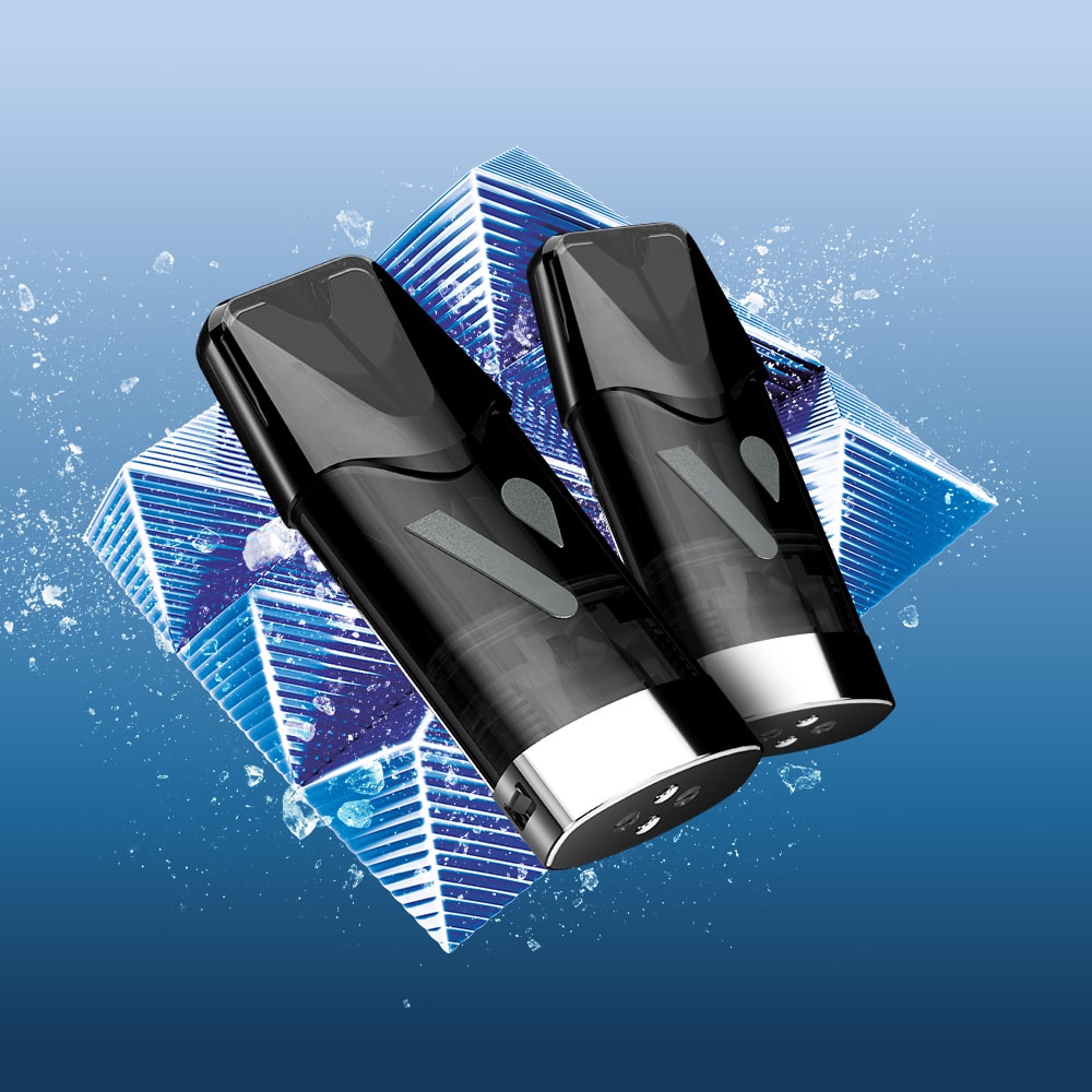 Two sleek black Blueberry Ice Vuse Extra Intense Flavour Pods by Vuse, compatible with Vuse PRO and pre-filled with bold blueberry ice flavour, are displayed among blue ice cubes and water splashes for a refreshing vaping sensation.