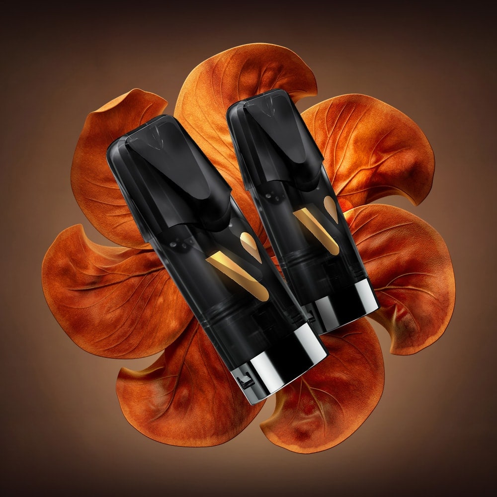 Two sleek black Vuse Bright Tobacco Smart Pods with metallic accents are positioned in front of overlapping, orange-brown flower petals, set against a gradient brown background—a sophisticated scene that captures the warm notes of tobacco and the modern allure of Vuse vaping.
