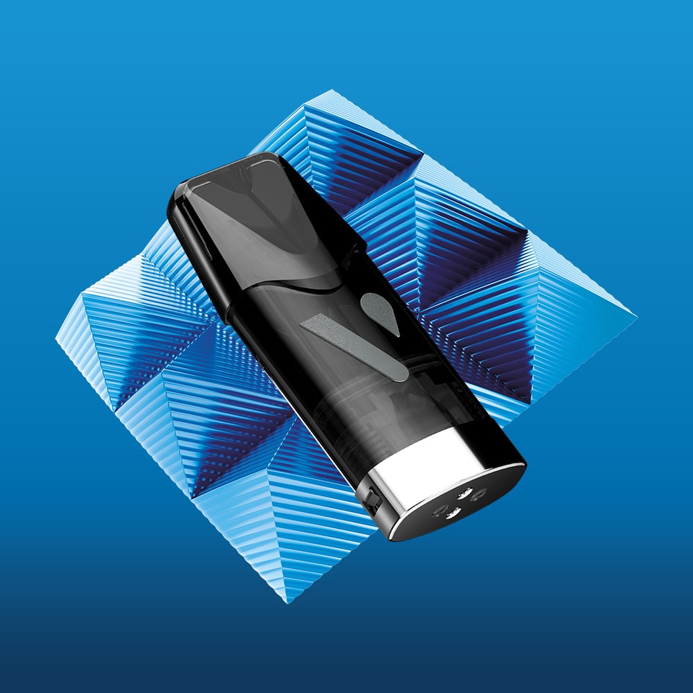 A Blueberry Raspberry Vuse Reload Box by Vuse is shown at an angle against a blue gradient background with overlapping translucent 3D triangle shapes in a geometric pattern.