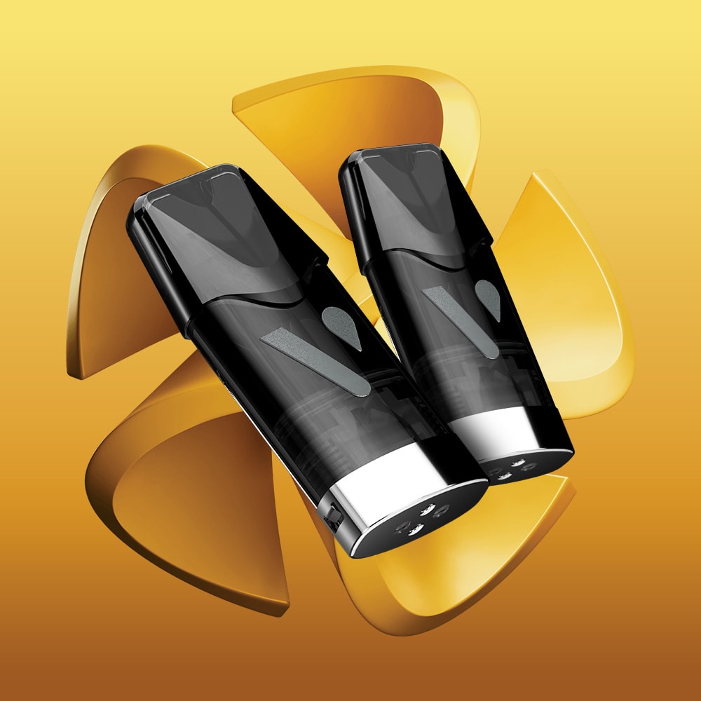 Two sleek, black Golden Tobacco Vuse Classic Flavour Pods with silver tips are set before a golden fan accent, evoking rich tobacco flavour and premium nic salts on a vibrant yellow gradient background.