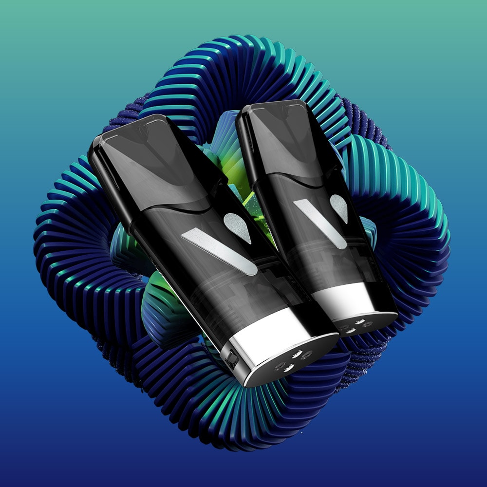 Two Blueberry Lime Mint Ultra Smart Pods by Vuse with metallic bases are placed side by side on a blue-to-green gradient background, showcasing a futuristic twisted ring design for an elevated vaping vibe.