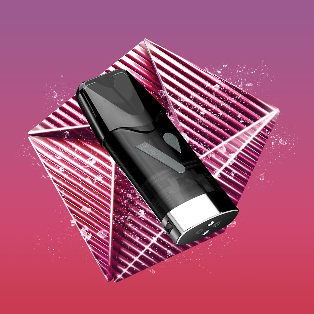 The Cherry Ice Vuse Reload Box by Vuse is shown at an angle in front of a glowing pink geometric cube with diagonal lines and water droplets, set against a gradient purple to red background.
