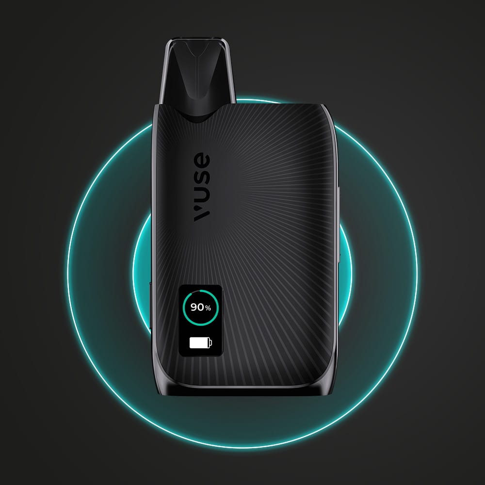 A Vuse Ultra Wireless Charger holds a black Vuse device upright, featuring a textured surface, top mouthpiece, and digital battery indicator at 90%. The device is set against a glowing teal ring backdrop.