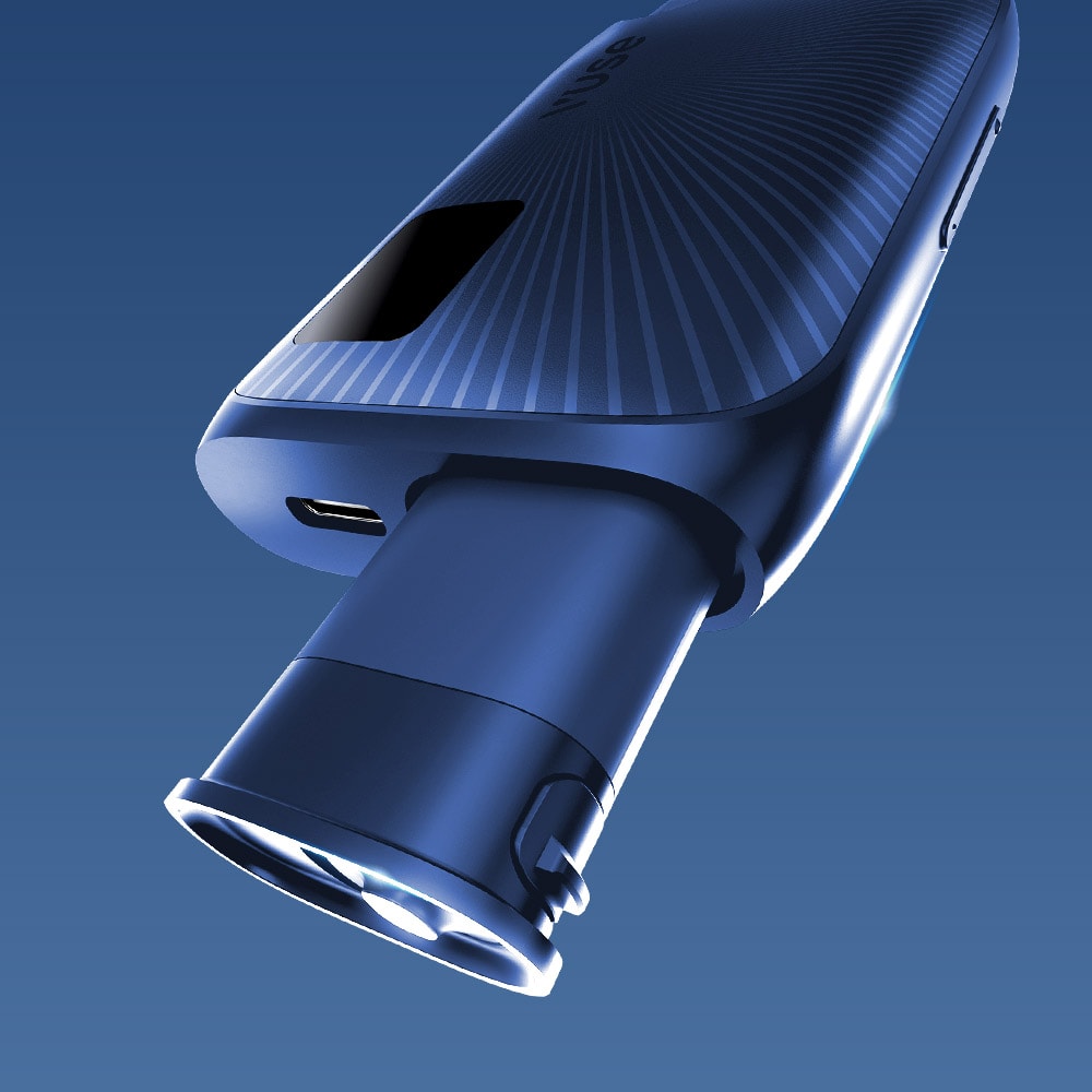 A close-up of the Vuse Ultra Device Kit by Vuse shows its sleek blue design with a partially extended cylindrical component and side USB port, set against a blue gradient background.