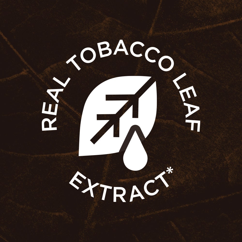 A white leaf icon with a droplet beneath it is centered on a dark background. Text encircles the icon, reading REAL TOBACCO LEAF EXTRACT*, evoking the genuine taste delivered by Vuse Bright Tobacco Smart Pod and providing an authentic vaping experience.