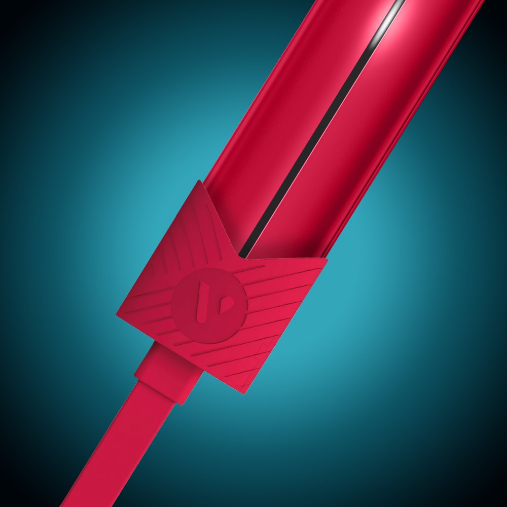 The Vuse Pro Device Kit by Vuse features a red, futuristic cylindrical design with a glowing central line, fast charging cable, and square base, displayed against a blue gradient background.