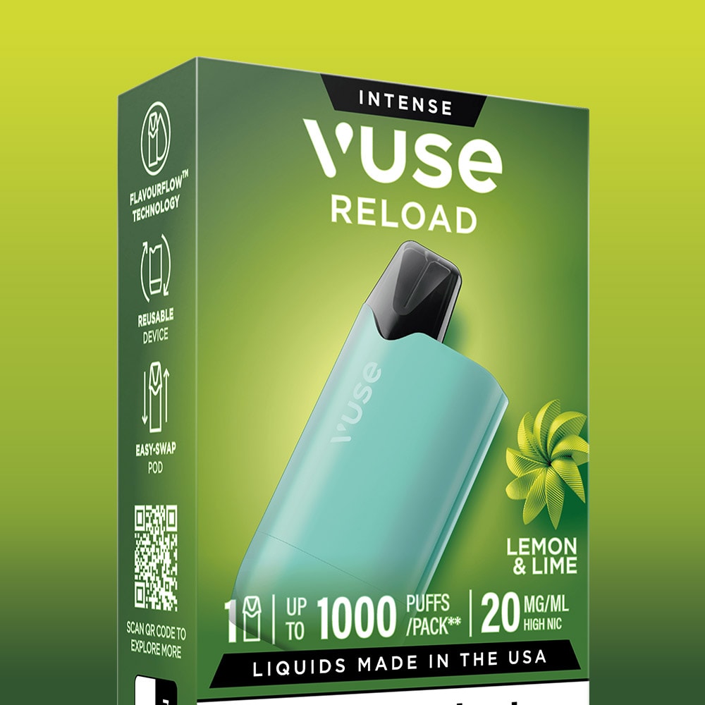 The Lemon & Lime Vuse Reload Box is a premium reusable vape with a sleek teal look and bold branding. Enjoy up to 1000 puffs of Extra Intense Pods (20 mg/mL nicotine), flavorflow tech, made in the USA, with refreshing lemon & lime flavor.