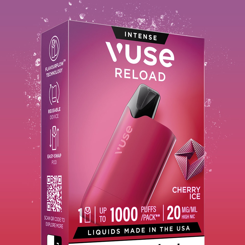 The Cherry Ice Vuse Reload Box by Vuse features a pink reusable vape with Intense packaging, Cherry Ice prefilled pod, up to 1000 puffs per pack, 20mg/ml nic, flavor flow icons—all set on a vibrant pink background.