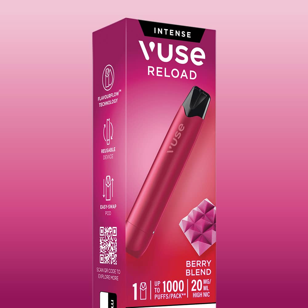 A pink Berry Blend Vuse Reload Pen shown next to its product packaging, which lists features including 1000 puffs and 20 mg nicotine content.