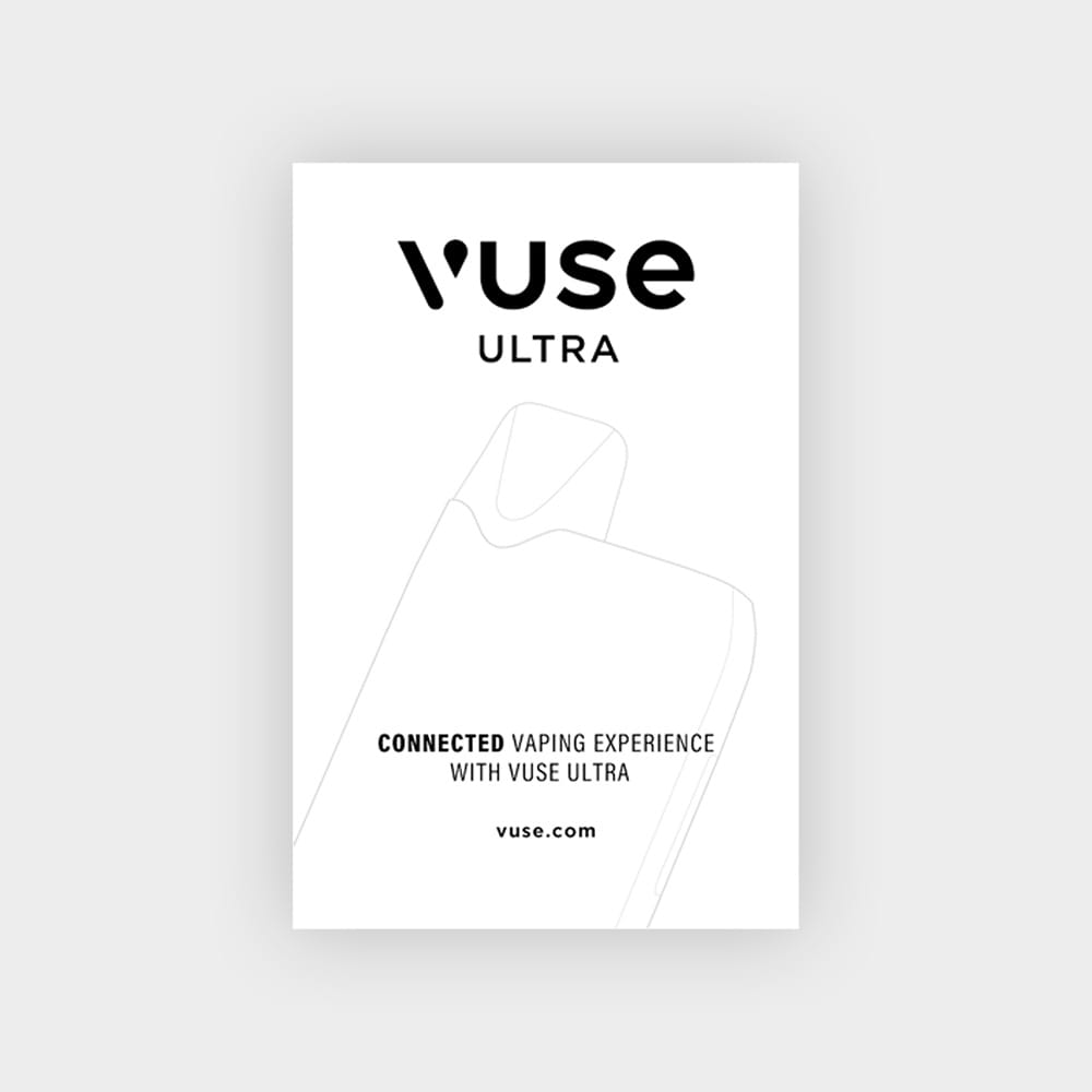 Minimalist Vuse Ultra advertisement with a faint outline of a vape device, the text Vuse Ultra at the top, and Connected vaping experience with Vuse Ultra above the website vuse.com on a white background.