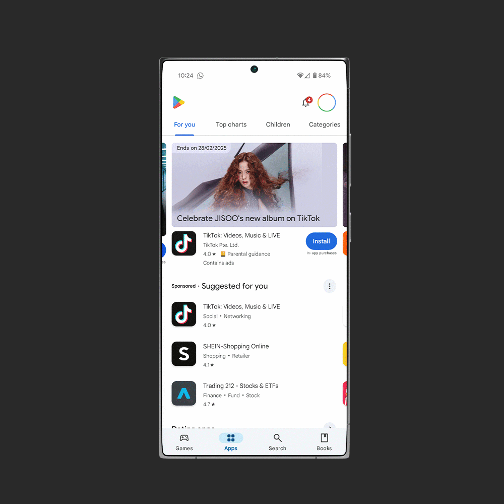 A smartphone screen displays the Google Play Store with the For you tab open, showing TikTok and shopping app suggestions, and a banner promoting a new music album at the top.
