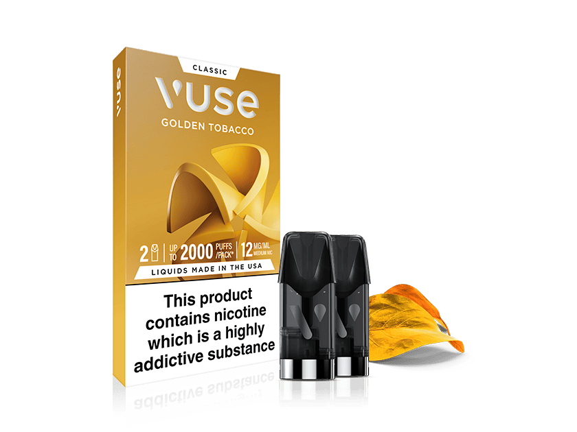 A box of Golden Tobacco Vuse Classic Flavour Pods with two pods and a tobacco leaf beside it. The box displays the golden tobacco flavour, nicotine content, and an addiction warning for nic salts.