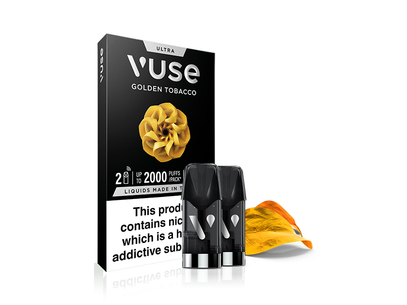 A Vuse Golden Tobacco vape cartridge pack with two black cartridges and a golden tobacco leaf on a white background. The packaging displays warnings about nicotine and puff count information.