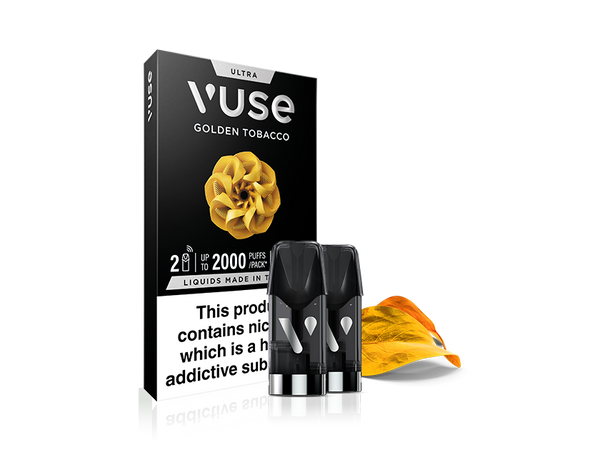 A Vuse Golden Tobacco vape cartridge pack with two black cartridges and a golden tobacco leaf on a white background. The packaging displays warnings about nicotine and puff count information.