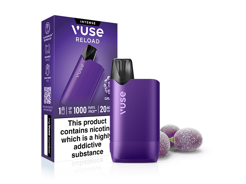 Purple Grape Ice Vuse Reload Box reusable vape next to its rectangular product box and three frosted grapes.