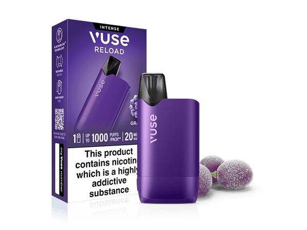 Purple Grape Ice Vuse Reload Box reusable vape next to its rectangular product box and three frosted grapes.