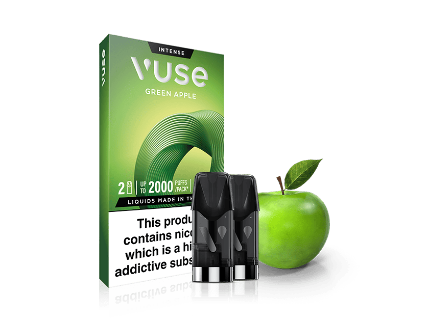 A box with a green apple next to a black box with black containers.