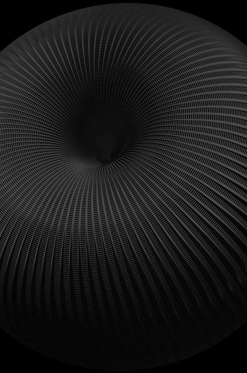 Abstract black and gray circular pattern with radiating, curved lines creating a vortex-like, three-dimensional tunnel effect on a dark background.