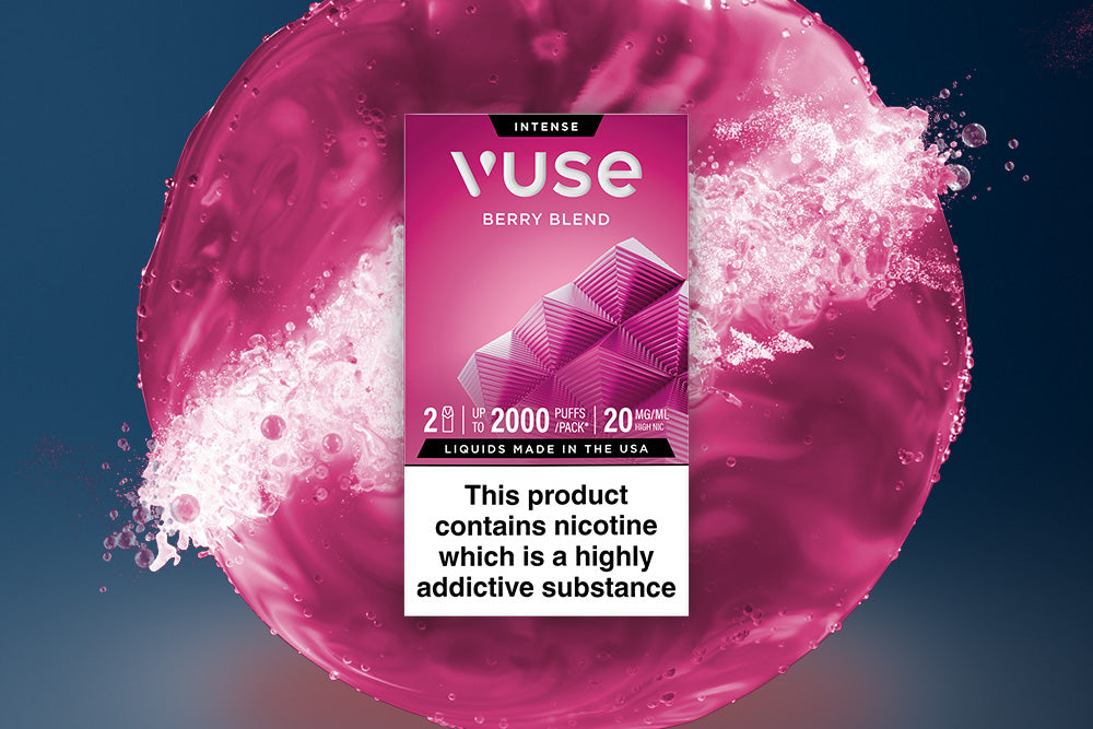 Vuse berry blend vape device packaging with a pink liquid effect on a dark background