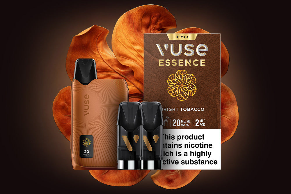 A Vuse vape device and pods are displayed in front of Vuse Essence Bright Tobacco packaging with a nicotine warning. The background features swirling brown patterns resembling tobacco leaves.