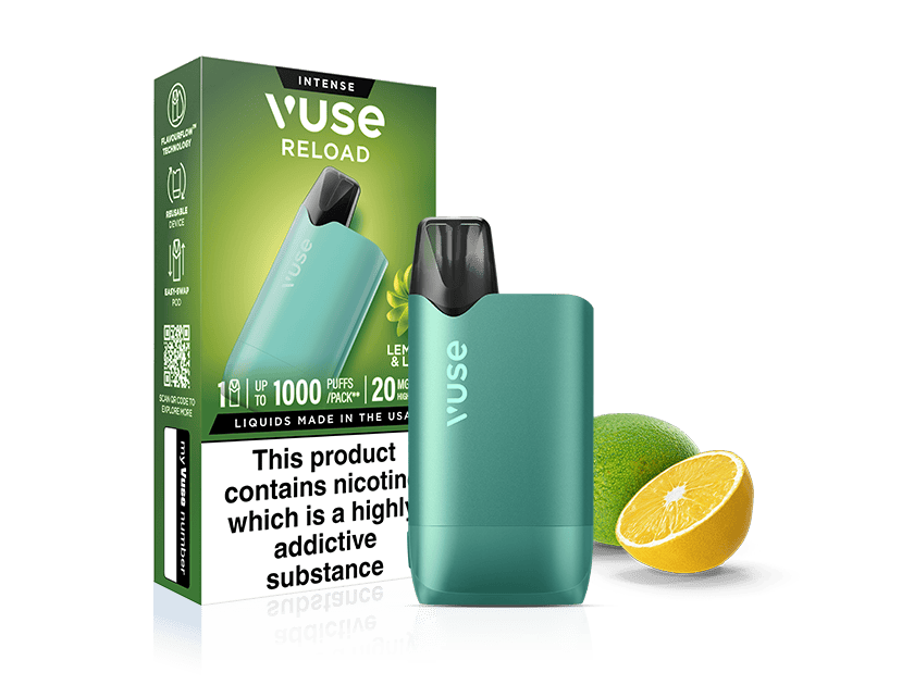 A Lemon & Lime Vuse Reload Box with a teal reusable vape device stands in front of it, next to a whole lime and half-cut lemon. The box displays Extra Intense Pods info, product details, and a nicotine addiction warning.