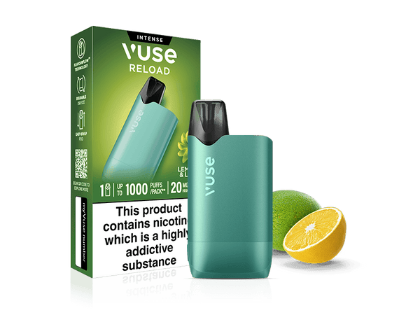 A teal-colored Vuse Reload reusable vape stands next to its Lemon & Lime Vuse Reload Box, a slice of lime, and a slice of lemon.