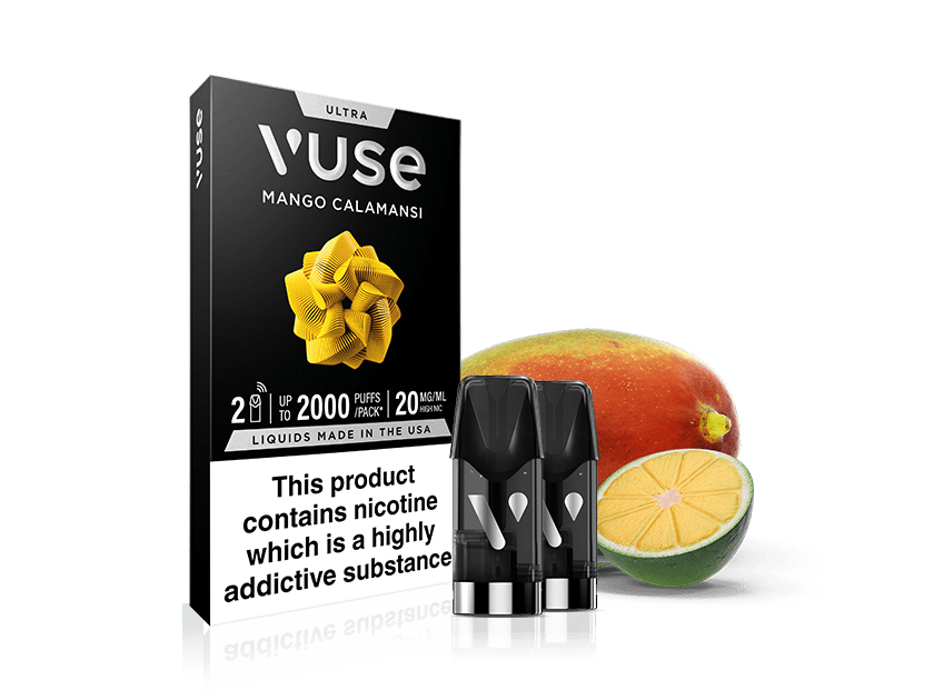 Mango Calamansi Ultra Smart Pod box with two pods in front, next to a mango and halved calamansi. Warning: Contains nicotine, a highly addictive substance. Enjoy an elevated vaping experience with this flavorful smart pod.