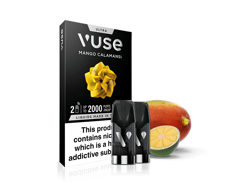 Vuse Mango Calamansi vape pod packaging with a sliced calamansi, a mango, and three vape pods in front. The box shows a yellow ribbon design and a nicotine warning label at the bottom.