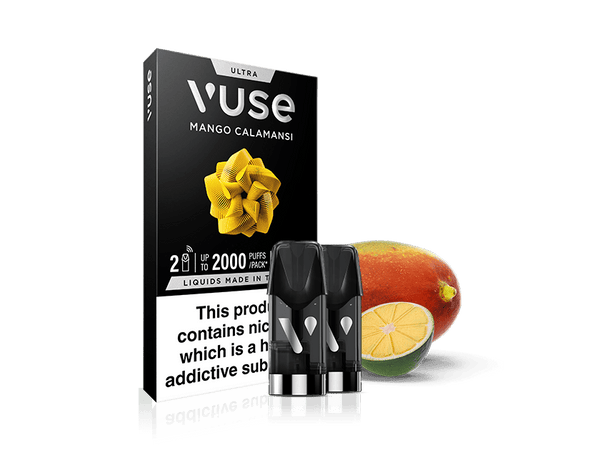 Vuse Mango Calamansi vape pod packaging with a sliced calamansi, a mango, and three vape pods in front. The box shows a yellow ribbon design and a nicotine warning label at the bottom.