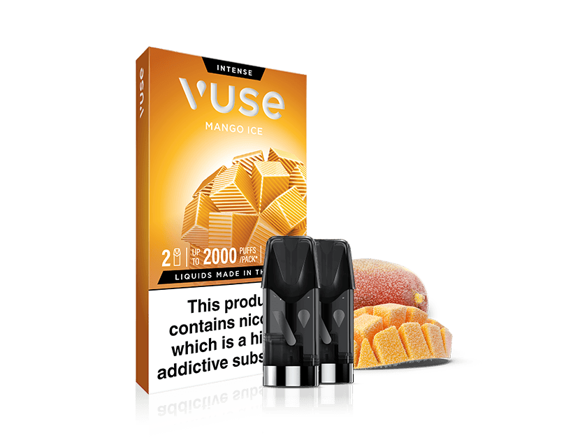 A Vuse Mango Ice vape pod pack with two pods in front. The packaging is orange with an image of mango cubes and a sliced mango, and contains a nicotine addiction warning label at the bottom.
