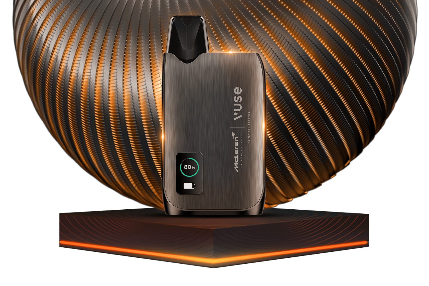 A metallic Vuse vape device with McLaren branding stands on a geometric platform, in front of a large, illuminated, spiraled backdrop. The device displays an 80% battery level on its small screen.