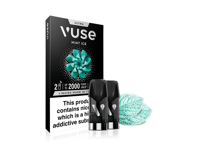 Box of Vuse Mint Ice vape pods with two black pods in front and mint leaves beside them. The packaging warns that the product contains nicotine, a highly addictive substance.