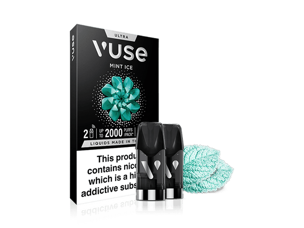 Box of Vuse Mint Ice vape pods with two black pods in front and mint leaves beside them. The packaging warns that the product contains nicotine, a highly addictive substance.
