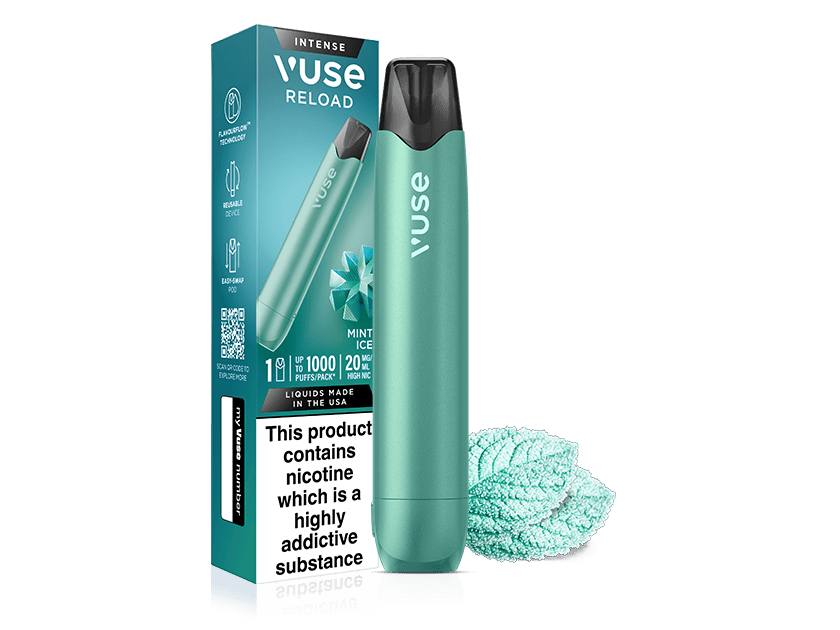 A Vuse Mint Ice Aqua Reload Pen is displayed next to its packaging, which shows mint leaves and features a nicotine addiction warning at the bottom.