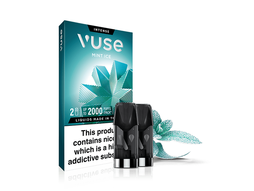 A Vuse Mint Ice vape pod pack with a teal and white box featuring a mint leaf graphic, three vape pods in front, and a nicotine warning label on the packaging.