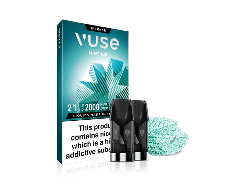 A Vuse Mint Ice vape pod pack with two vape pods in front, a mint leaf graphic on the packaging, and two illustrated mint leaves beside the pods. The box features a nicotine warning label at the bottom.
