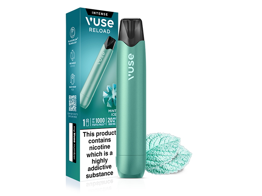 A teal Mint Ice Aqua Vuse Reload Pen stands next to its retail box, which features images of a snowflake and mint leaves, alongside nicotine warning text.