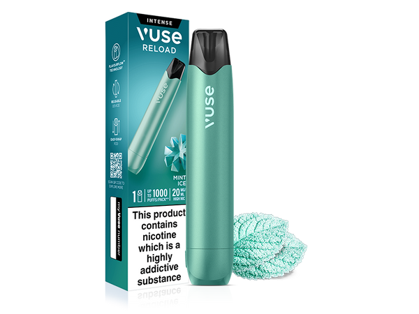 A teal Mint Ice Aqua Vuse Reload Pen stands next to its retail box, which features images of a snowflake and mint leaves, alongside nicotine warning text.